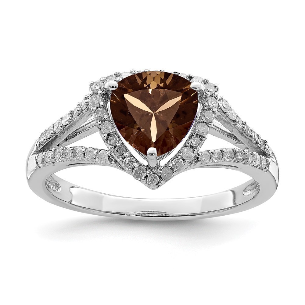 925 Sterling Silver Rhodium Diam. & Smoky Quartz Ring